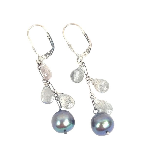Sterling Silver Drop Earrings With Olive Grey Black Pearls and Labradorite Stone - Picture 2 of 9